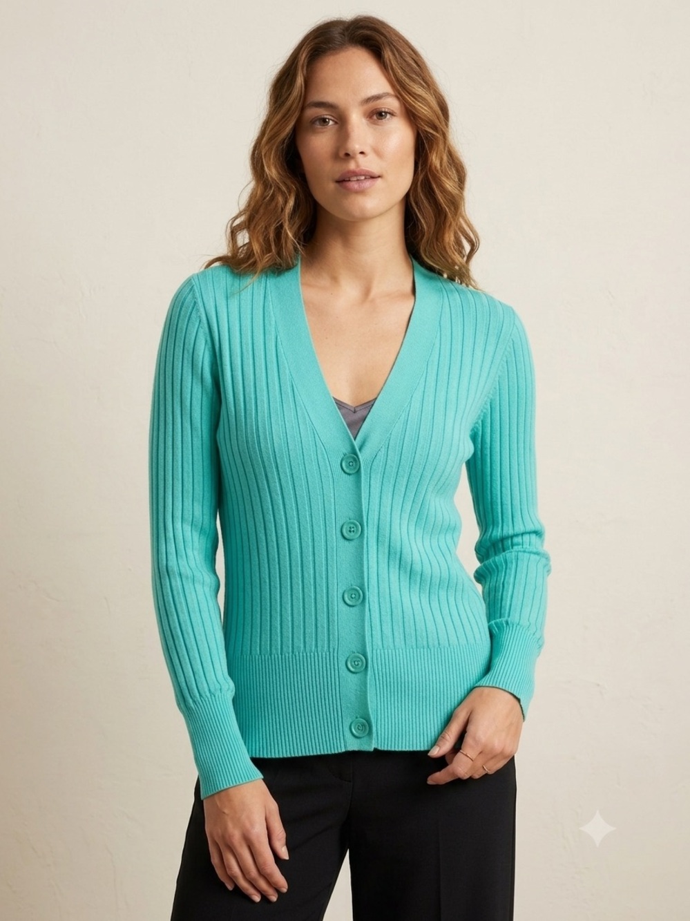 Evolution by Cyrus Ribbed V-Neck Button Up Cardigan Sweater Teal, Size Medium
